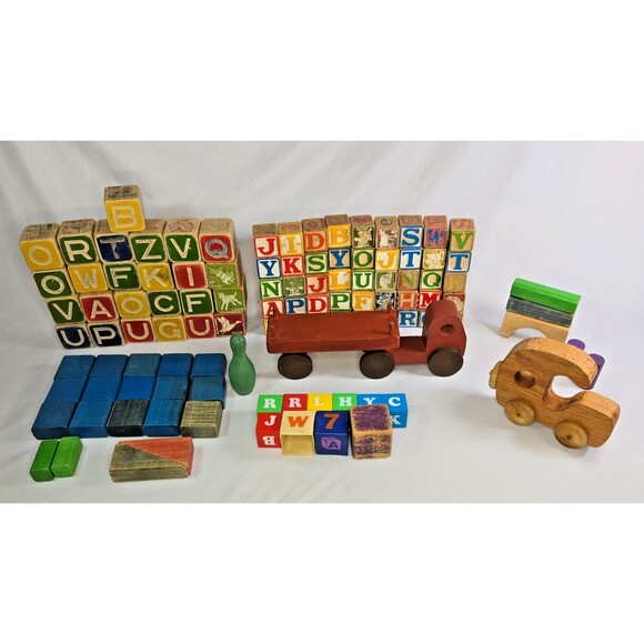 Vintage Letter Character Wood Block Truck Car Lot 110 Blocks 2 Cars Raggedy Ann - Picture 1 of 16